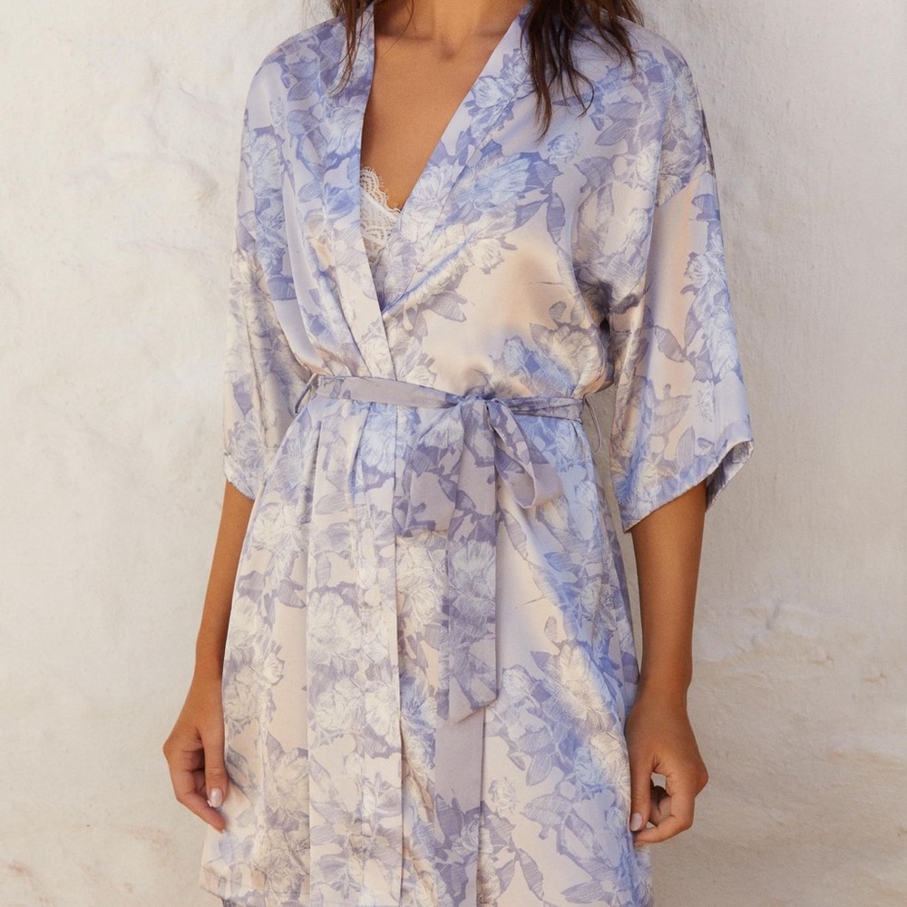 Elegant Floral Satin Robe in Blue